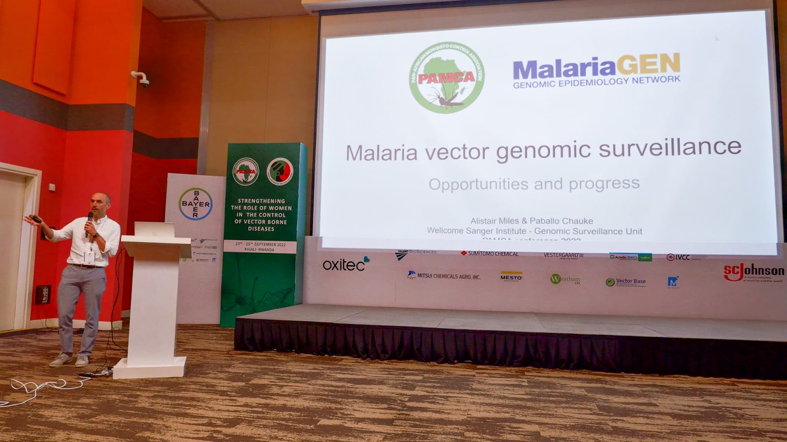 Alistair introduces the MalariaGEN Vector Observatory to the Pan-African Mosquito Control Association conference in Rwanda in 2022.